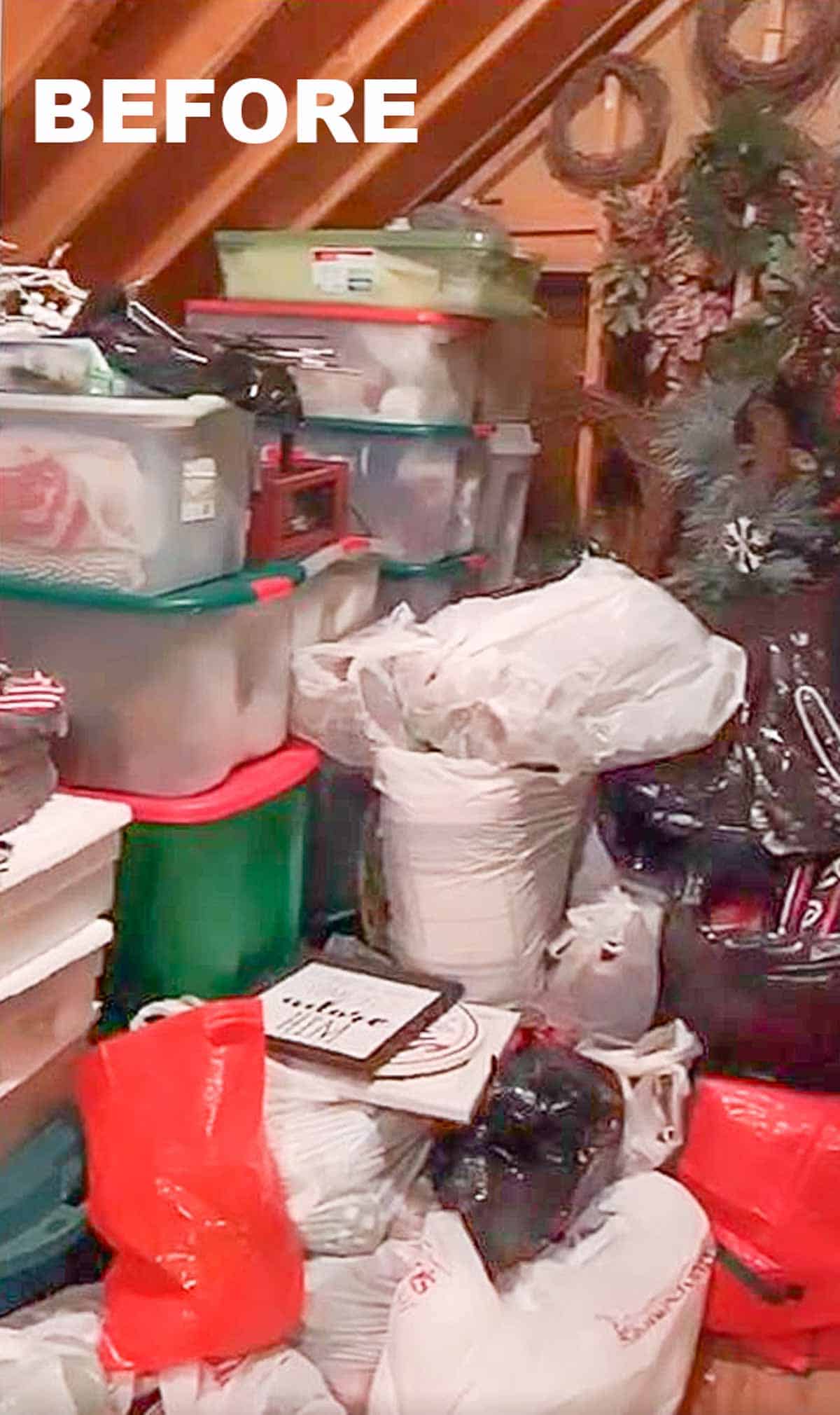 disorganized Christmas decorations in an attic