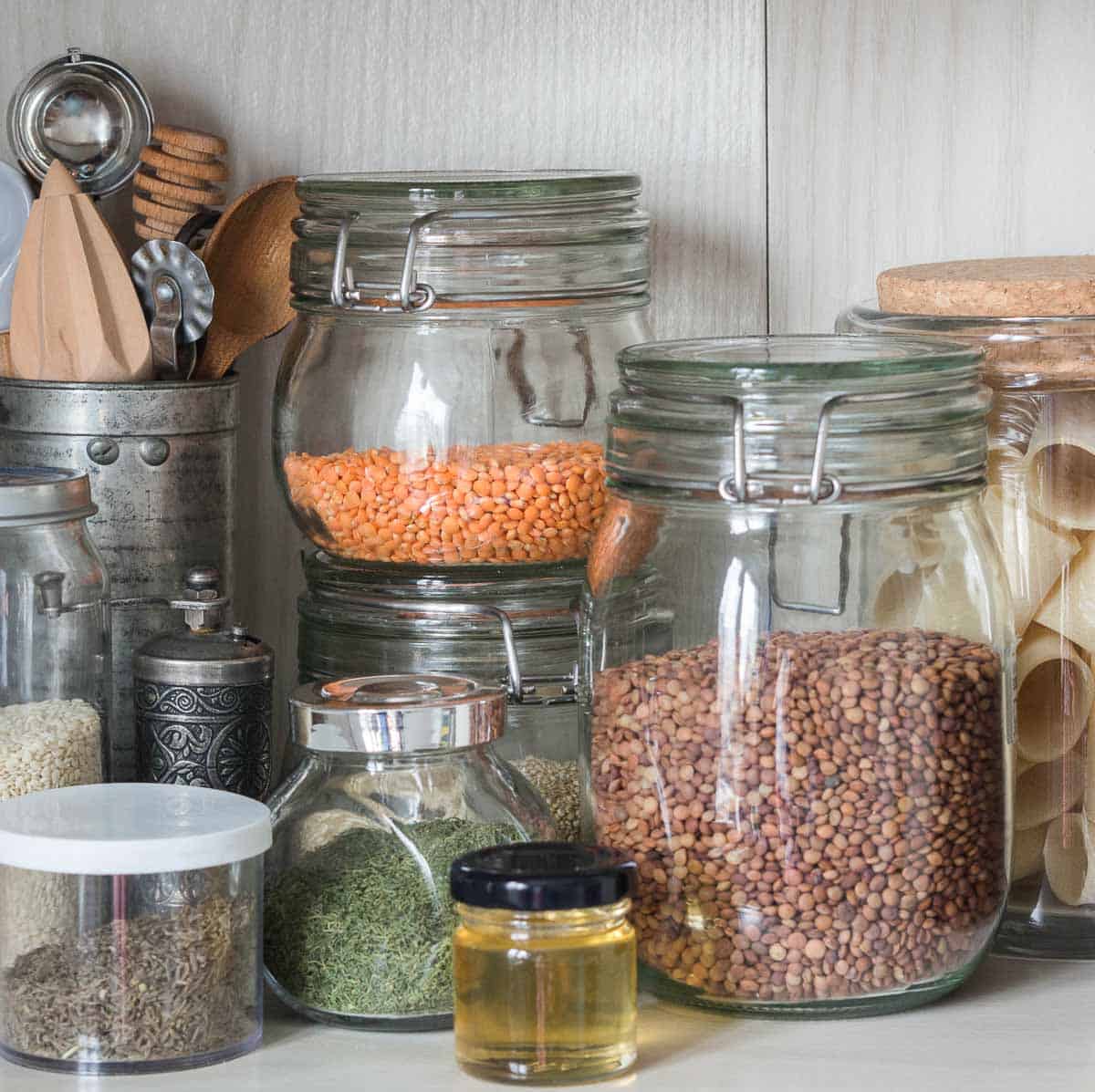 glass storage containers in pantry