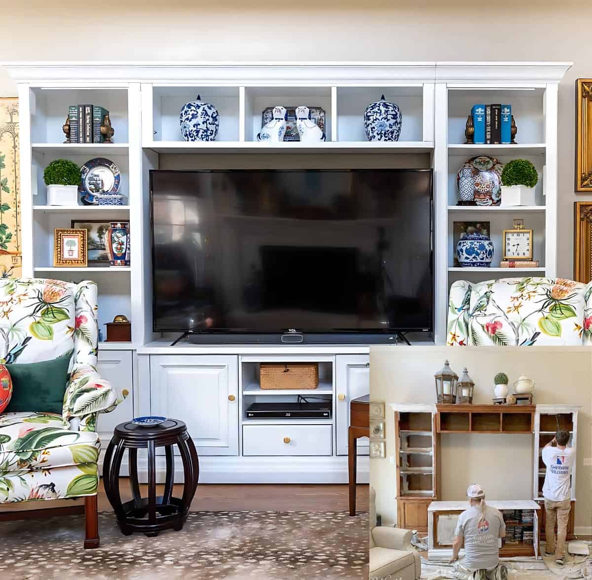 white entertainment center decorated with chinoiserie accessories