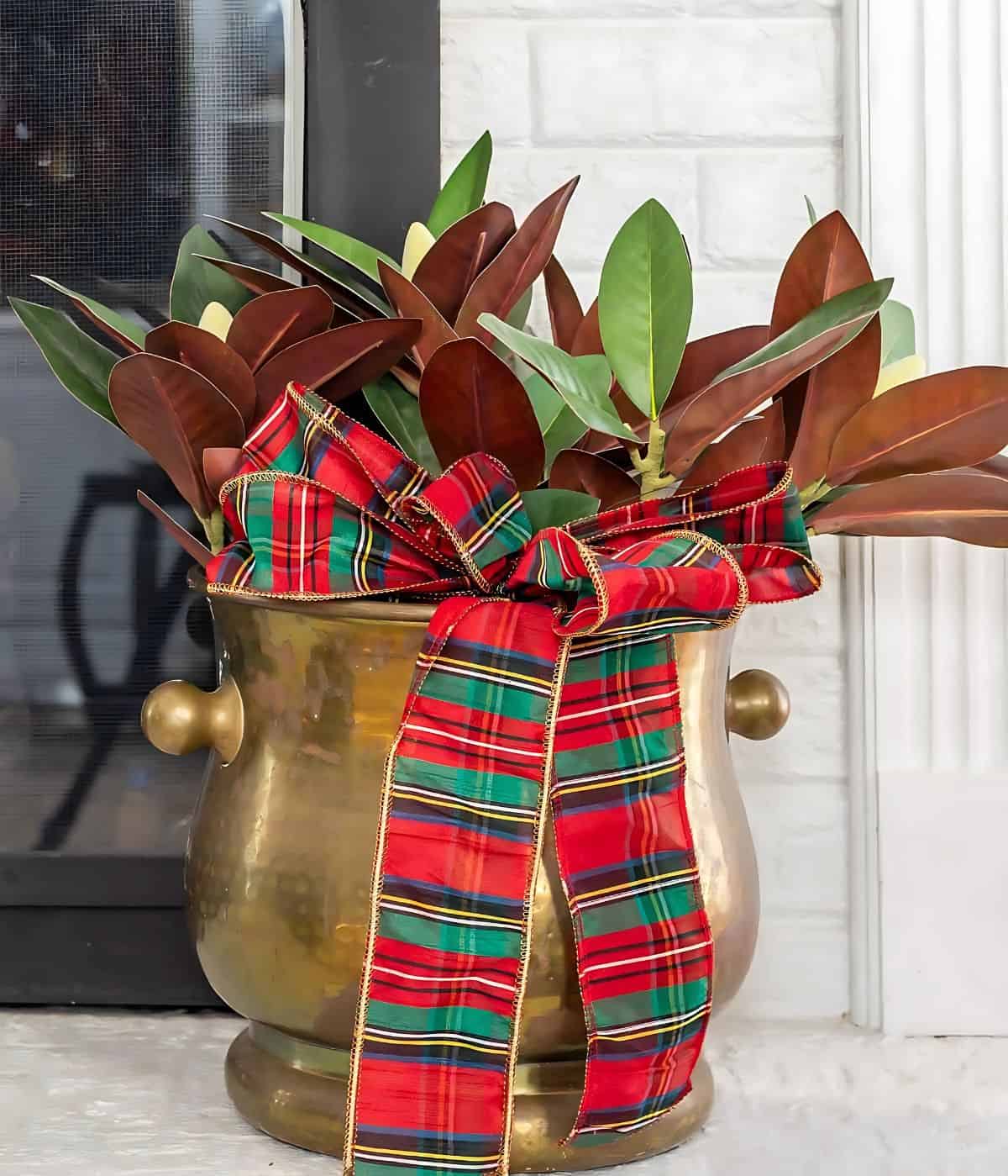 magnolia leaves and a plaid bow in a large brass planter