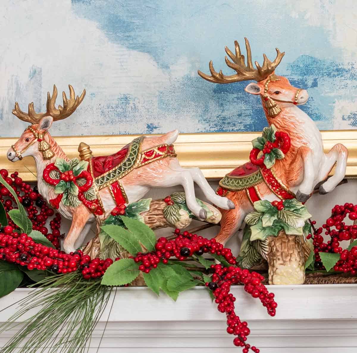 pair of Fitz and Floyd Christmas Reindeer on a mantel