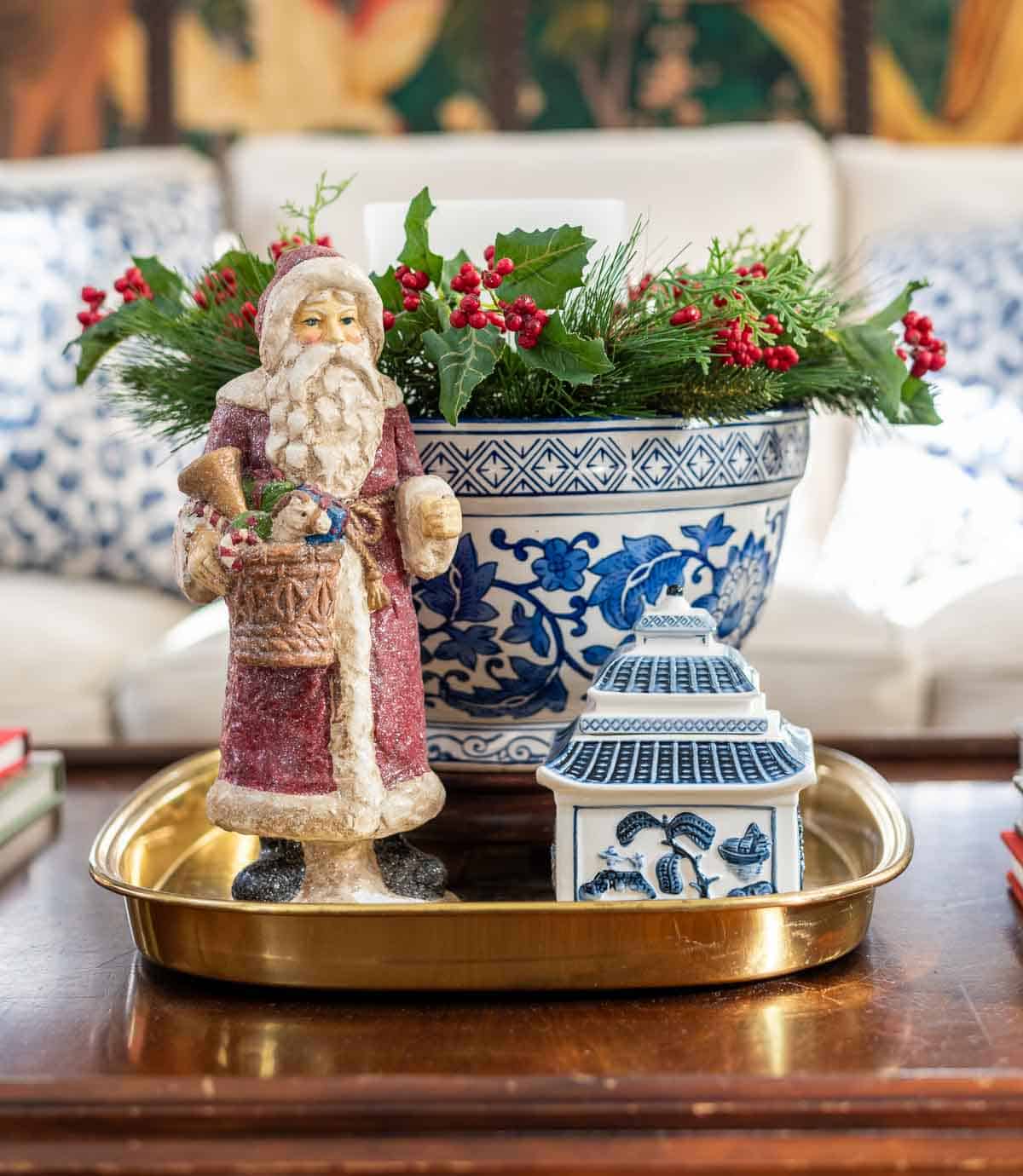 Coffee table Christmas vignette on a brass tray