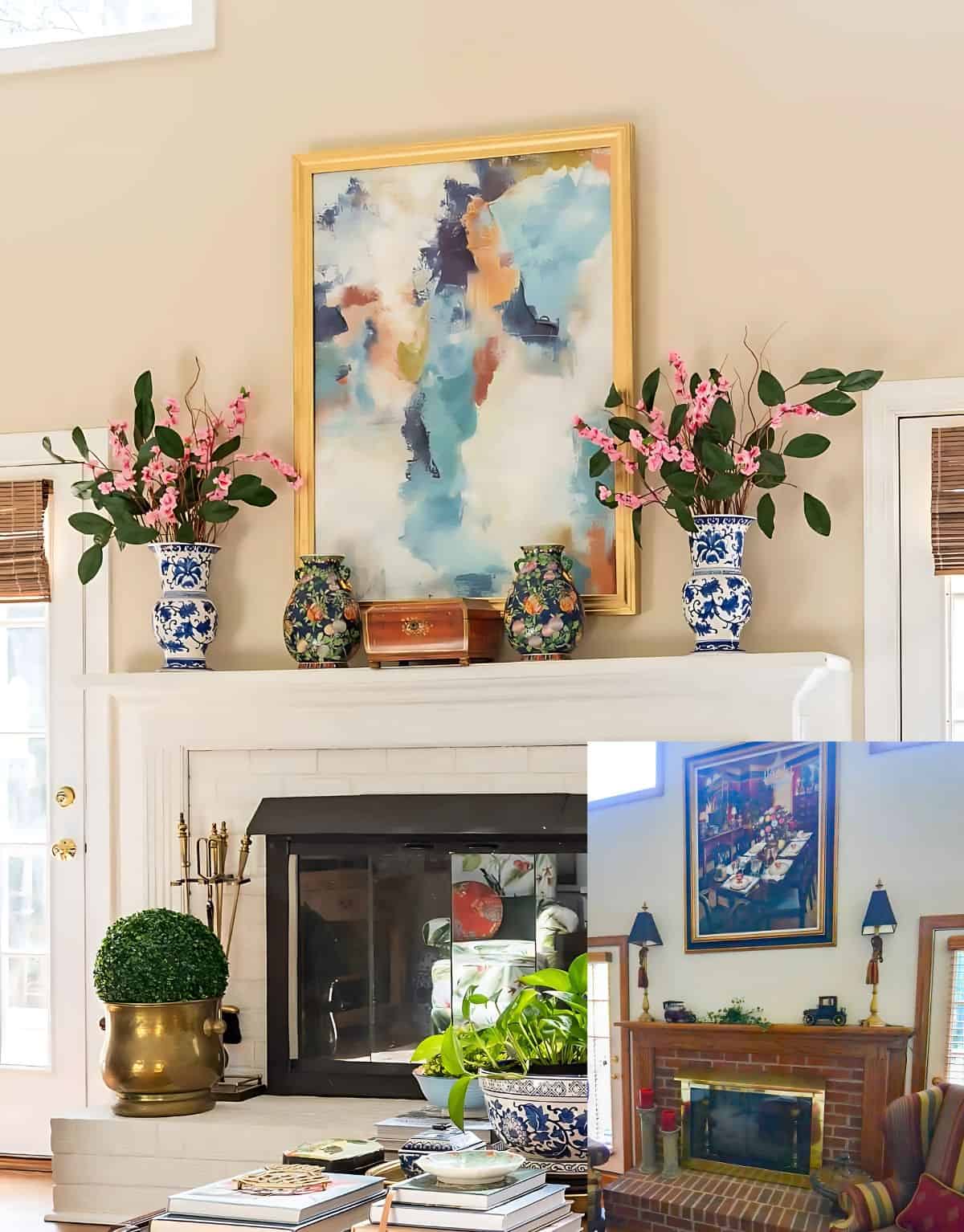 white brick fireplace with abstract art above decorated for spring