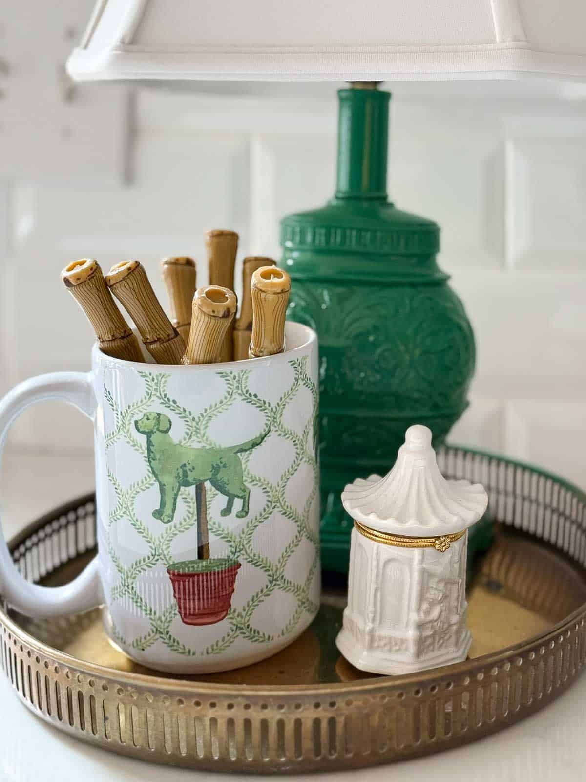 blue, white, and green accessories in an all white kitchen